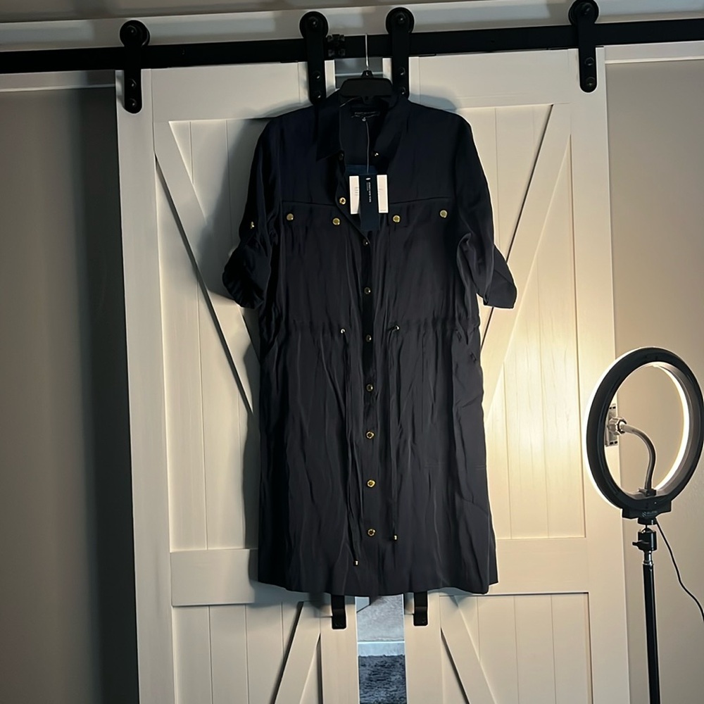 NWT- Jones New York Navy Blue gold button up string waist dress